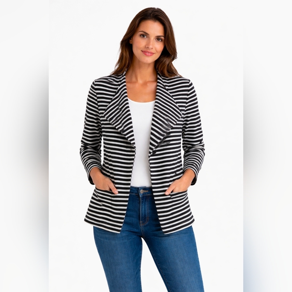 Roz & Ali black white striped open front blazer top size L *